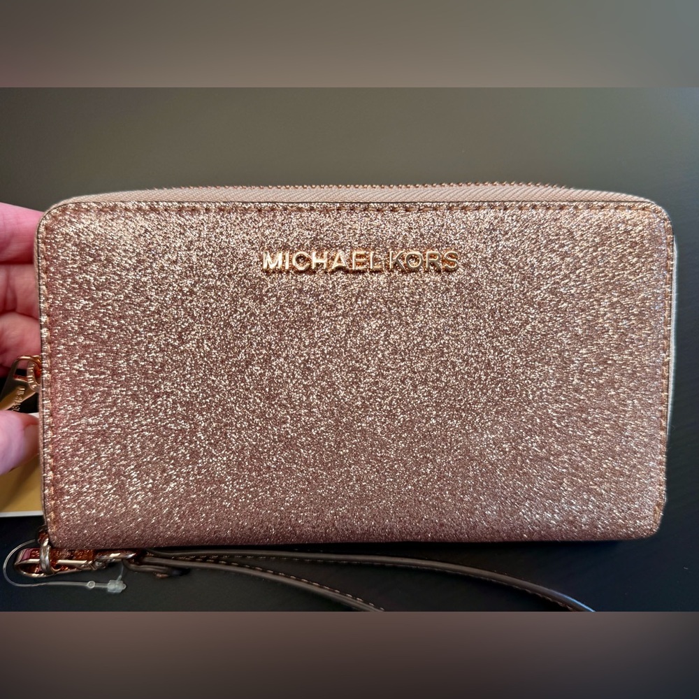 MICHAEL KORS *NWT* Jet Set MF Phone Case Wallet Wristlet Glitter Rose Gold - Picture 3 of 10